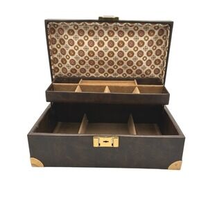 Vintage Buxton Men's Valet Jewelry Box Brown Faux Leather Made USA With Key